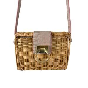 Pamela Munson Caroline Wicker Rattan Crossbody Bag w Pink Reptile Trim